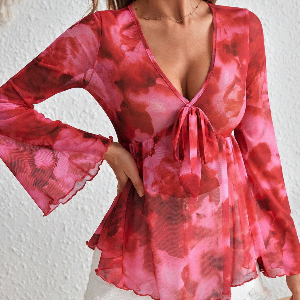 V Neck Mesh Tie Dye Resort Style Womens Top