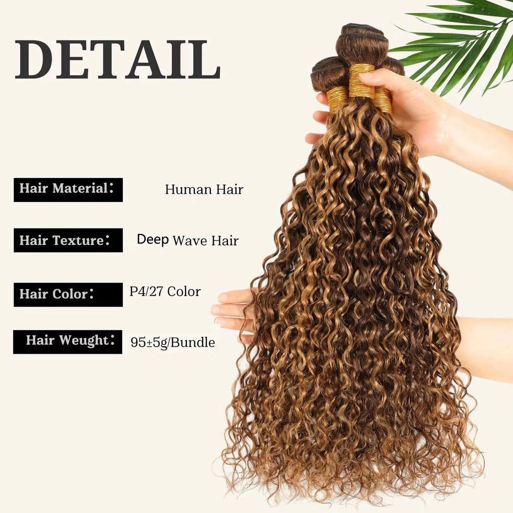 Honey Blonde Highlight Deep Wave Bundles 22 Inch P4/27 Ombre Single Bundles Wet and Wavy Bundle Human Hair Highlight Brown Color
