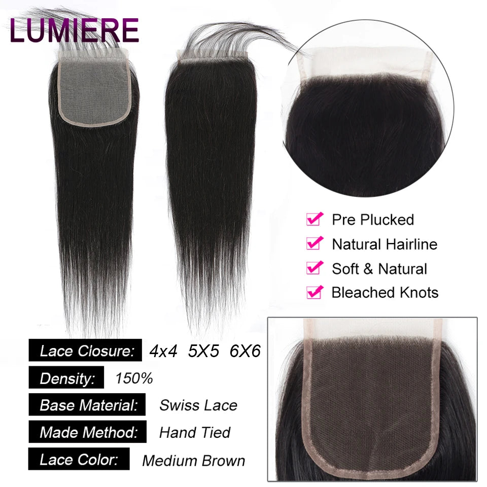 Bone Straight Human Hair Bundles With Closure 6x6/5x5 HD Transparent 100% Raw Virgin Human Hair Weave Extension 2X6 Lace Closure