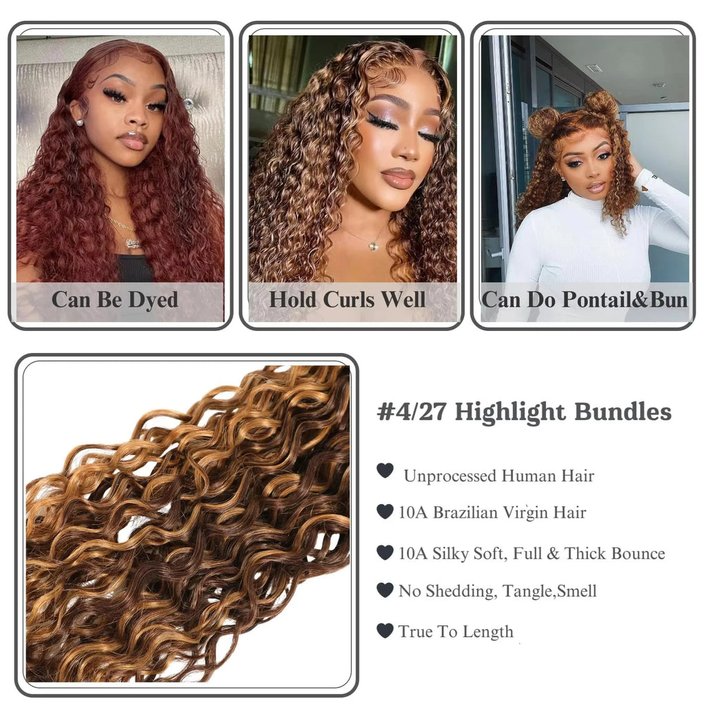 Honey Blonde Highlight Deep Wave Bundles 22 Inch P4/27 Ombre Single Bundles Wet and Wavy Bundle Human Hair Highlight Brown Color