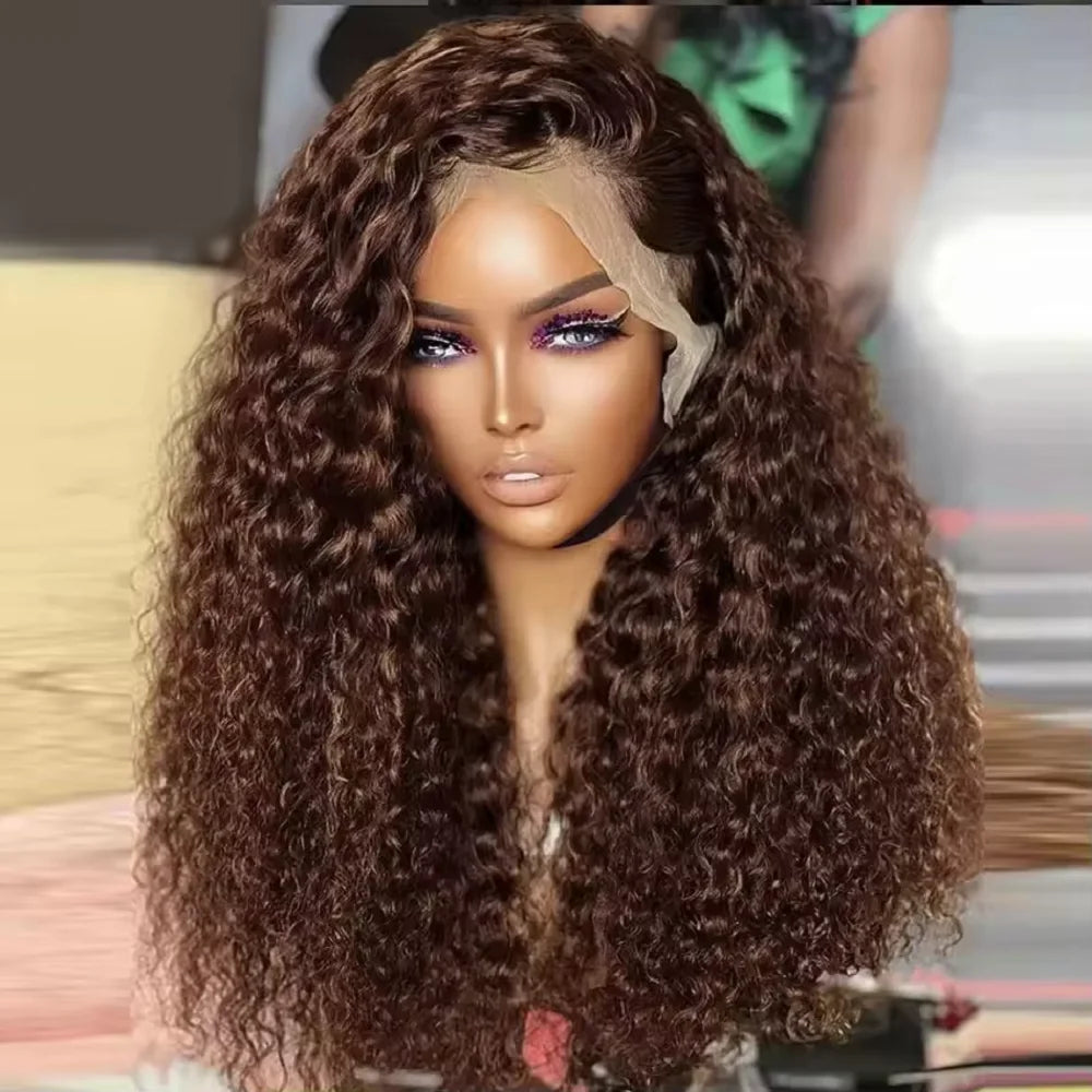 200 Density Chocolate Brown Deep Wave Lace Front Human Hair Wig 38Inch Color Hd Lace Frontal Wig For Women 13x4 Water Curly Wigs